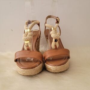 Michael Kors Holly Rope-Trim Leather Wedge Sandals Shoes Tan /brn Wmns Sz 6.5